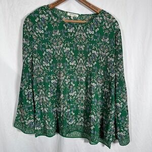 Max Studio Women's Size SM Green & White Floral Print Long Sleeve Blouse